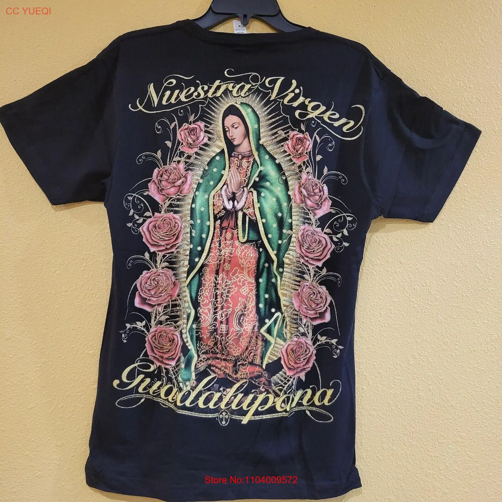 VIRGEN DE GUADALUPE T-SHIRT Nuestra Virgen Black glitter sz Small graphic tee