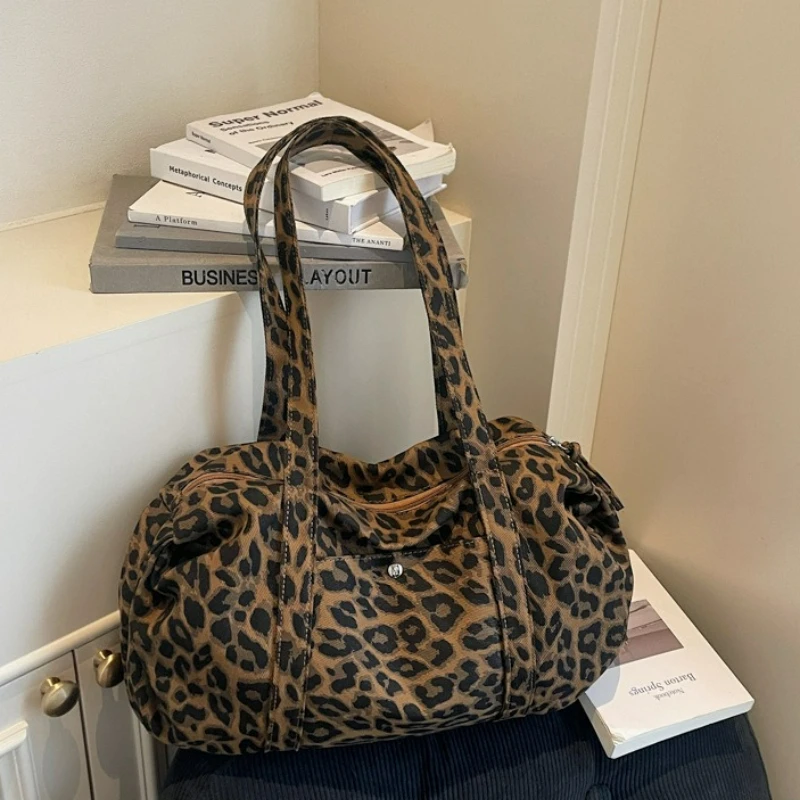 

Trendy Leopard Print Canvas Shoulder Bag Large Capacity Fashion Tote Handle Bag for Daily Commute Versatile Texture Storage Bags