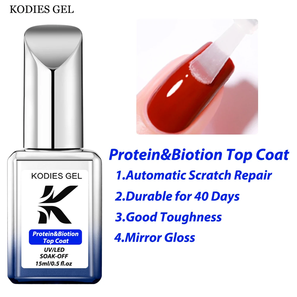 KODIES GEL Glossy Gel Top Coat No Wipe Protein Biotin Base Gel Nail Polish Semi Permanent UV/LED Soak Off Manicure Gel Varnish