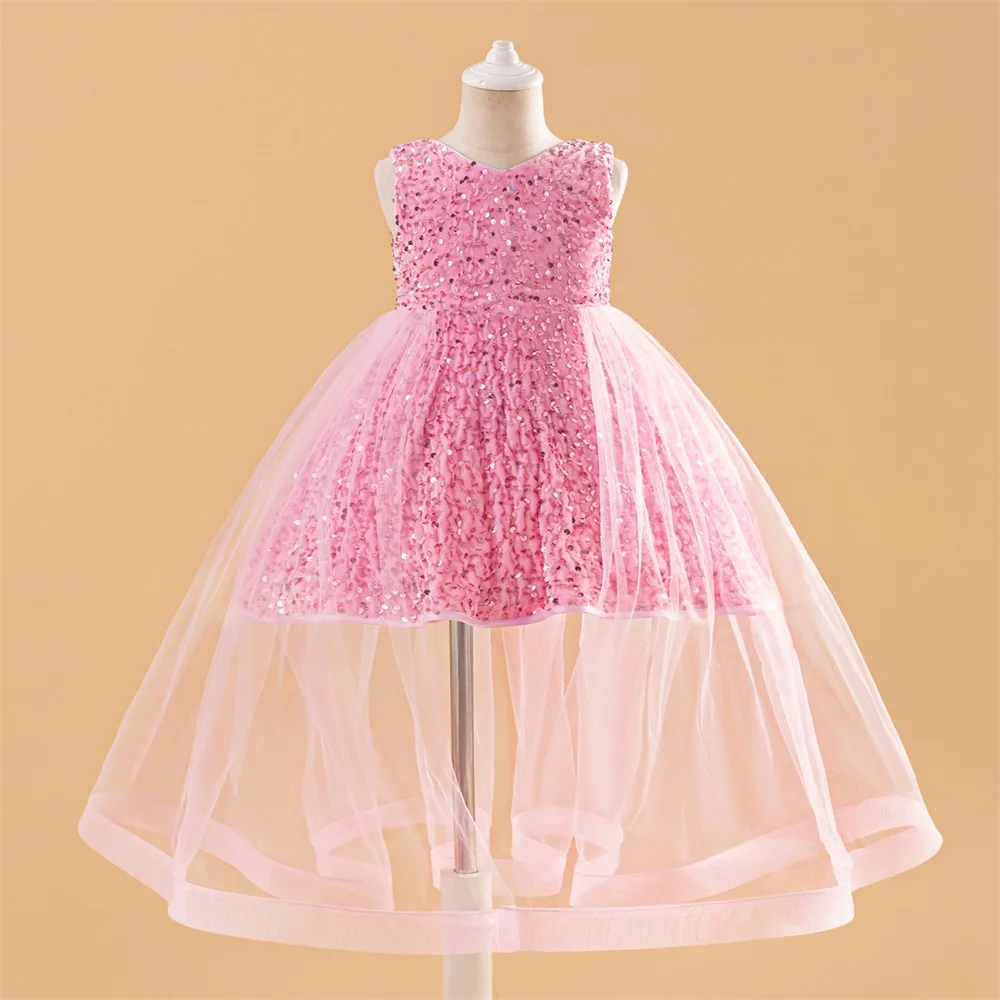 Young Girls Pink Sequin Evening Princess Dress Kids Fancy Wedding Birthday Party Gown Girl Trailing Tulle Dresses Children Wear