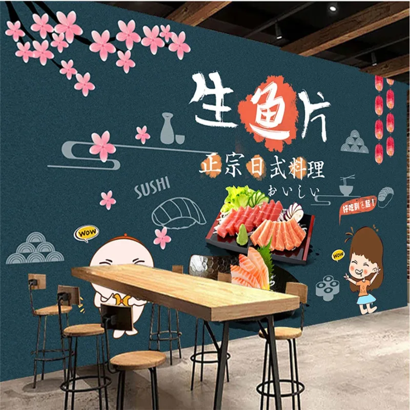 Authentic Japanese Cuisine Sushi Sashimi Dark Blue Background Wall Paper 3D Restaurant Industrial Decor Mural Wallpaper 3D