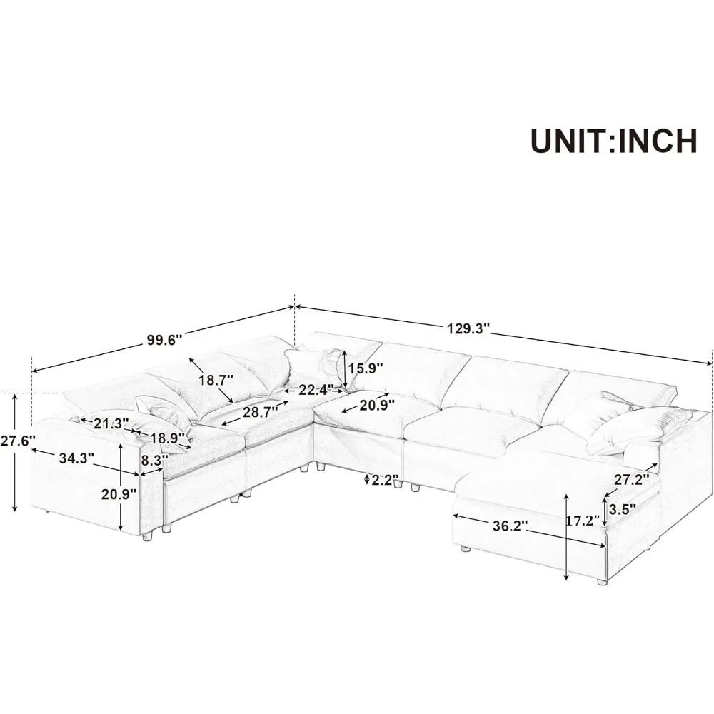 129.3-inch oversized modular sectional sofa with U-shaped sofa with movable ottoman, large 7-seat corner sofa for living room