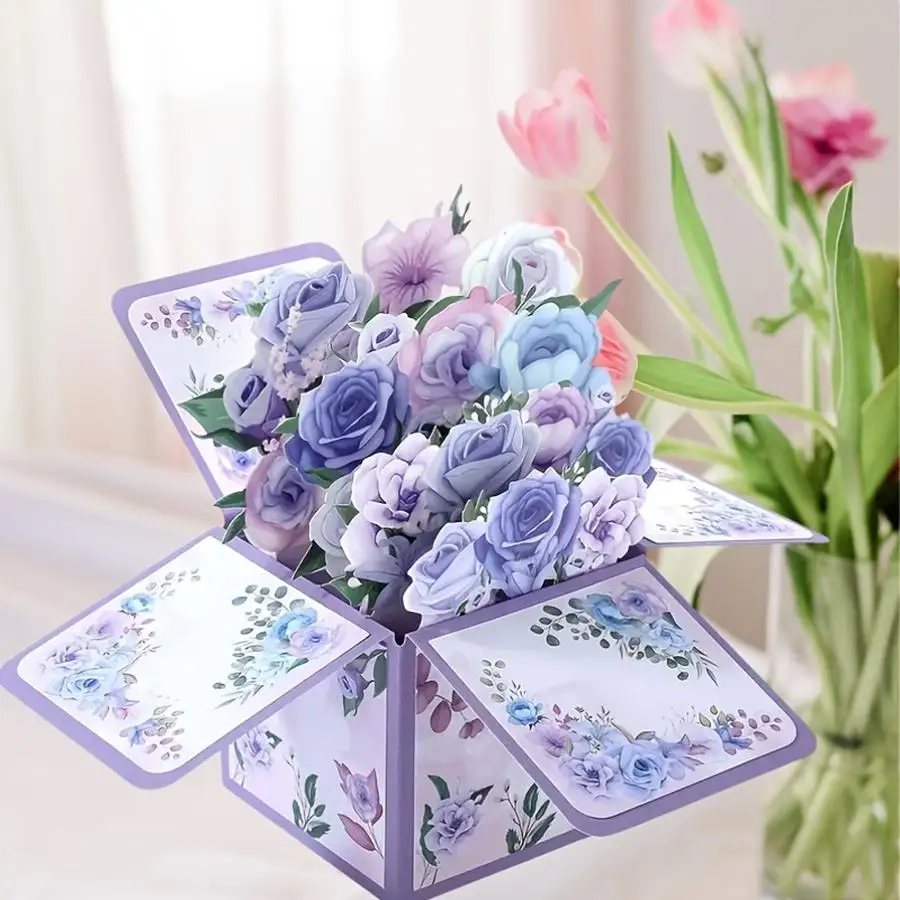 1/5/10/20/50/100pcs Mother's Day 3D Pop Up Rose Box Card, Purple Floral Greeting Card, Perfect Birthday, Anniversary & Valentine