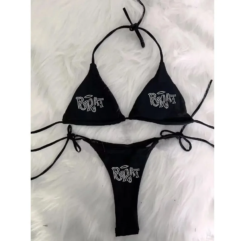 

Summer Beach Sea Gothic Fashion Punk Spicy girl style Letter Hot Diamond Hanging Neck Sexy Backless Vacation Bra set Slim