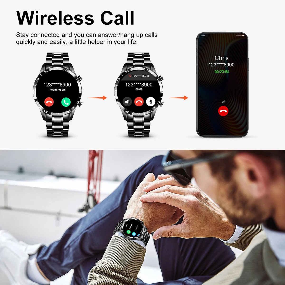 LIGE-ساعة ذكية فاخرة بشاشة لمس كاملة الدائرة للرجال ، مكالمة بلوتوث ، شريط فولادي ، مقاومة للماء ، رياضة ، لياقة بدنية ، أندرويد ، iOS