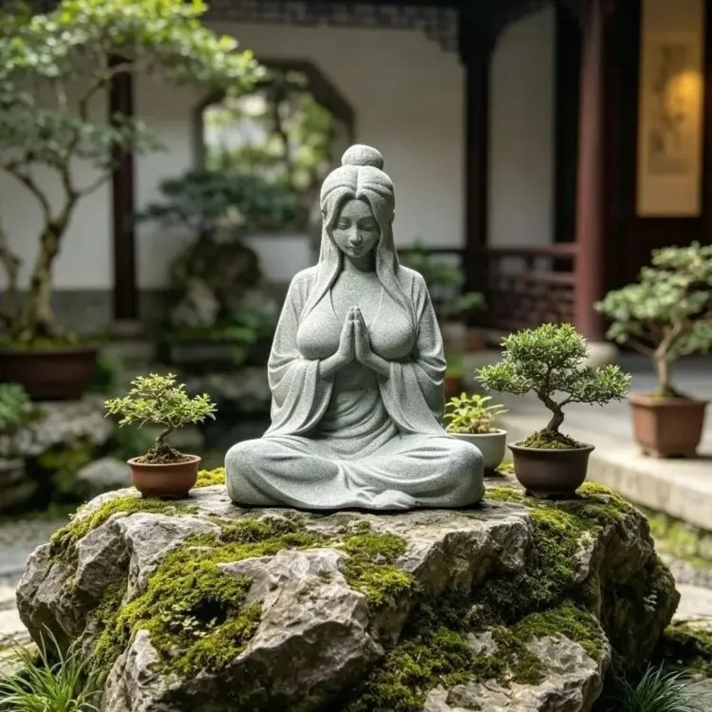Meditation Cross-legged Female Figurine 3D Printed Mini Zen Desktop Ornament Tea Room Bamboo Courtyard Desk Decor DIY Model Gift