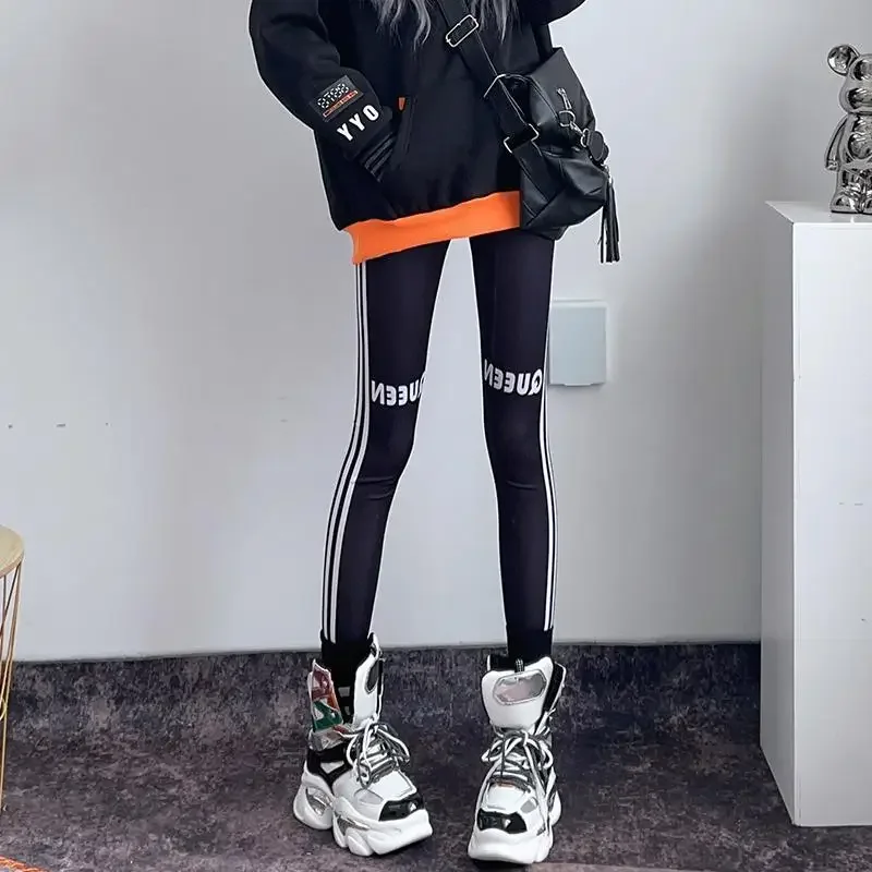 Leggings Women Wear Spring Autumn Thin Fashion Personality New Print Thread Black Trousers Stretch Tight Show Skinny Foot Pants