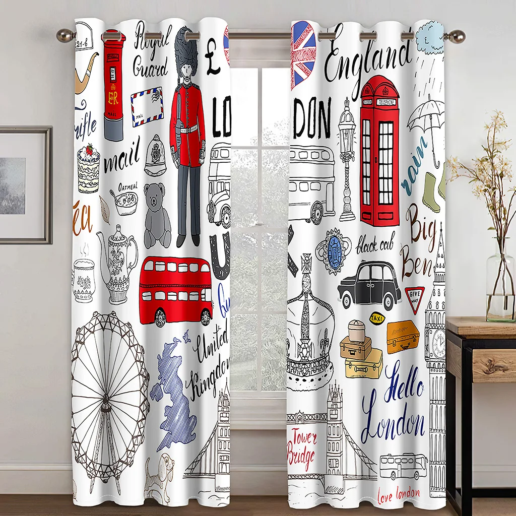 

Free Shipping Curtain Romantic Eiffel Tower British London Culture Cartoon Doodle Curtain for Bedroom Living Room Window 2Pieces