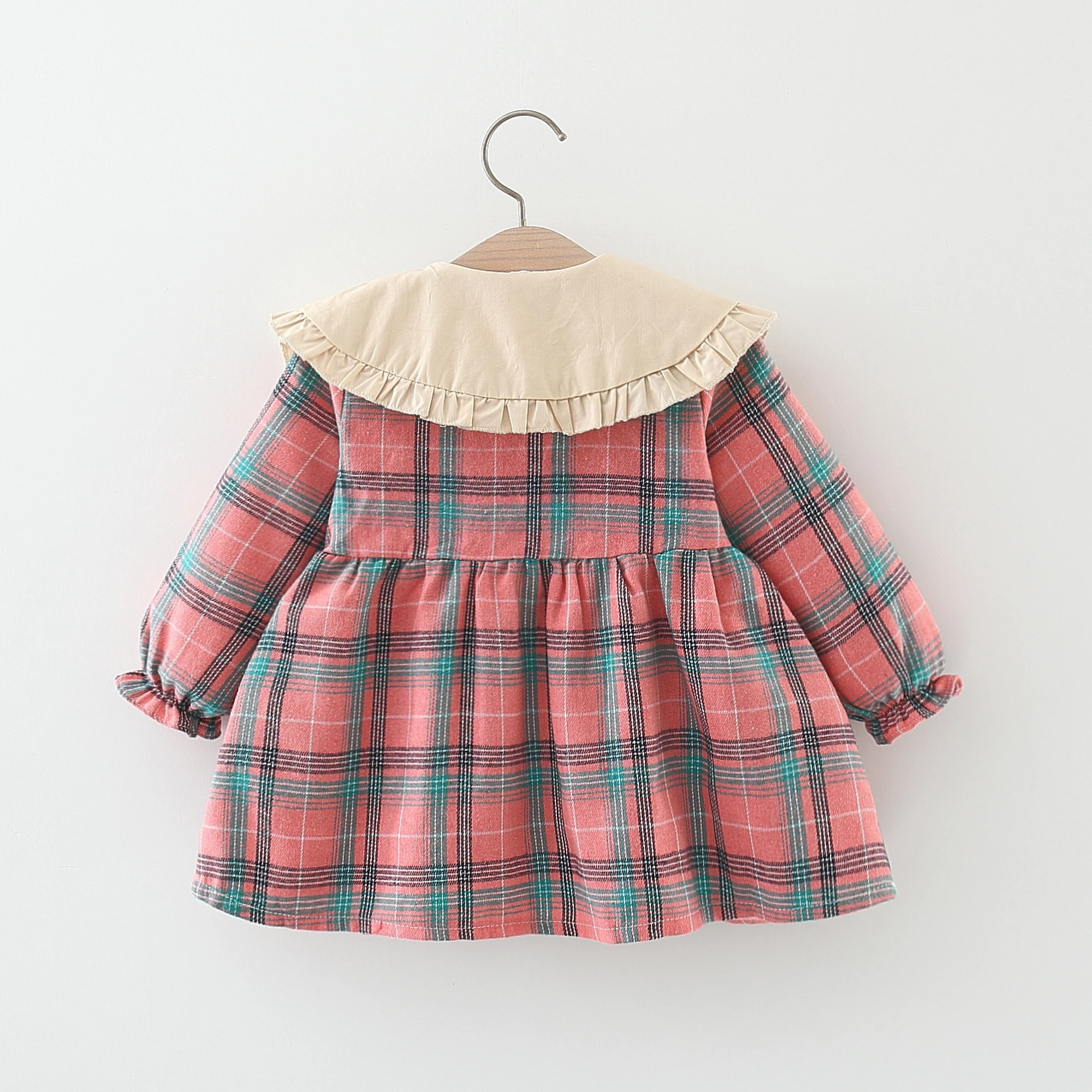 Autumn Girl Long sleeved Dress with Plaid Polo Collar College Style Newborn Princess Dress Comes With Same Rabbit