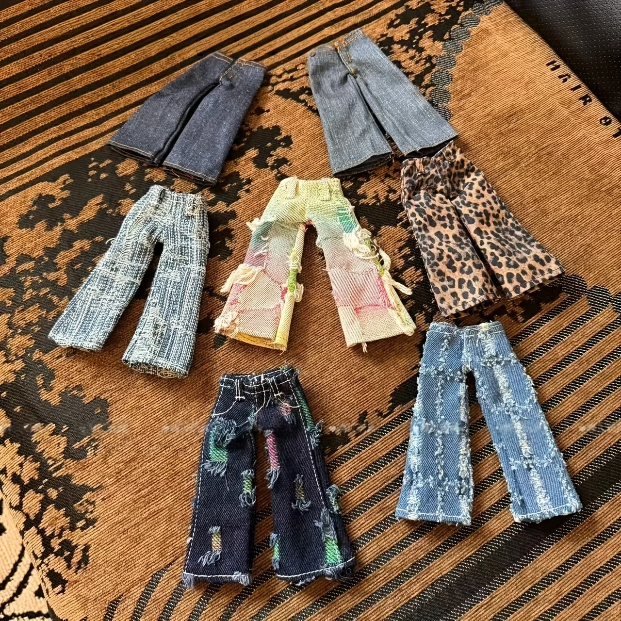 American Retro High Street Leopard Print Loose Wide-Leg Long Torn Distressed Denim Jeans Trendy Doll Clothes