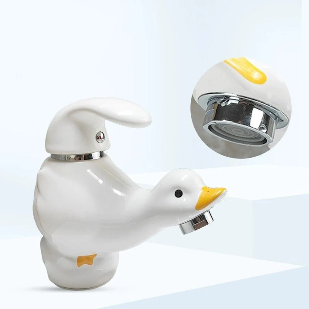 Upgraded Ceramic Duck Shaped Cold Water Faucet for Bathroom Sink/Washbasin, Non-Toxic Ceramic, Cute Decor & Functional Tap
