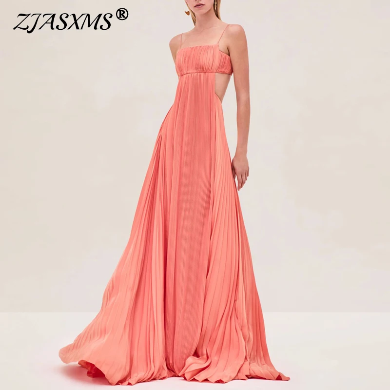 Sexy High Waist Hollow Sling Womens Dress Fashion Boho Pleated A-Line Maxi Dresses Vacation Sleeveless Backless Solid Prom Dress