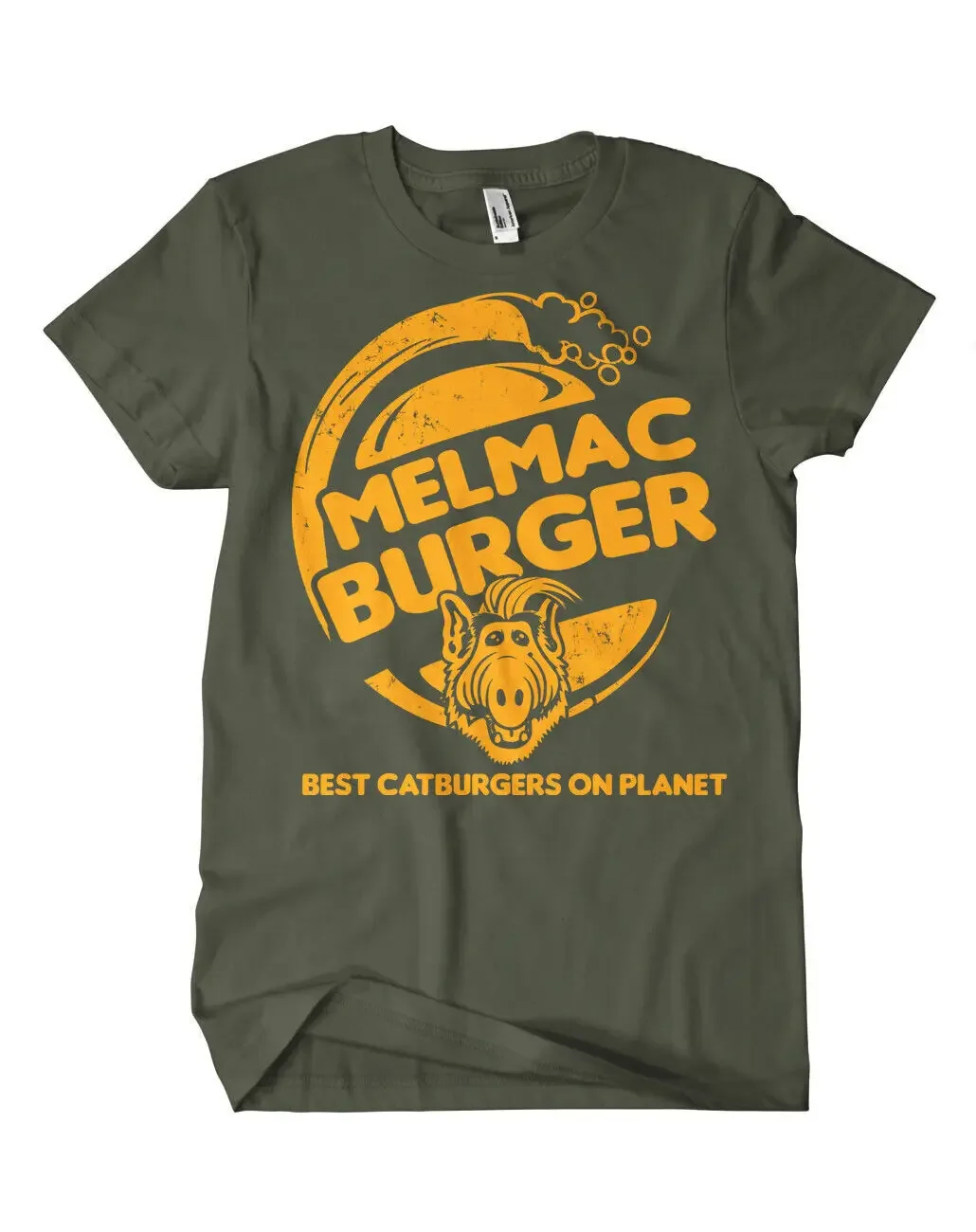 Melmac Burger T Shirt Olive Orange Alf Gordon Shumway Fun Cult 80s long or short sleeves