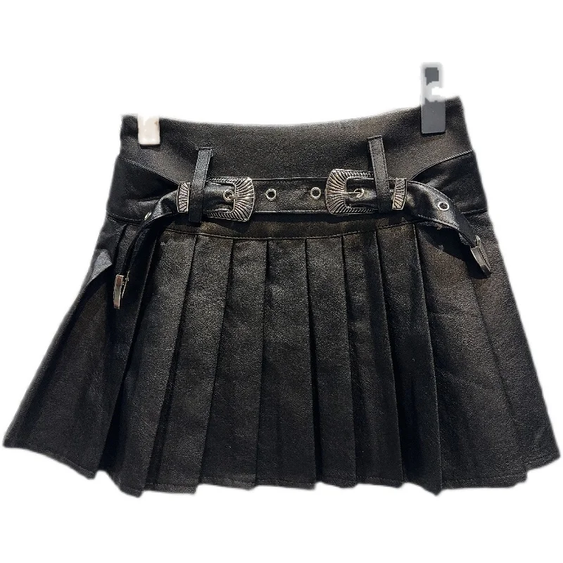 Gonna a trapezio a pieghe lucida in pelle PU intagliata retrò per ragazze alla moda Autunno Nuovo arrivo gonna ortod colore puro a vita media