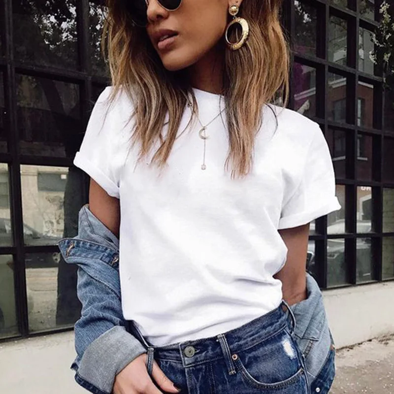 Women Short Sleeves T-shirt Bottoming Shirt Round Neck  Shirt Black White Solid Color Top Homewear T-shirt