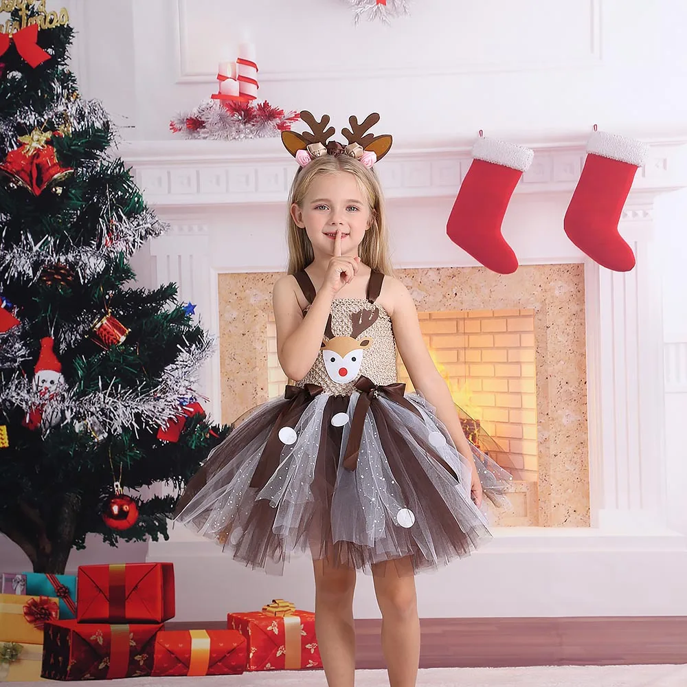 

Halloween Children's Animal Performance Dress Cartoon Deer Princess Dress Christmas Girl Deer Festival Dress Tutu