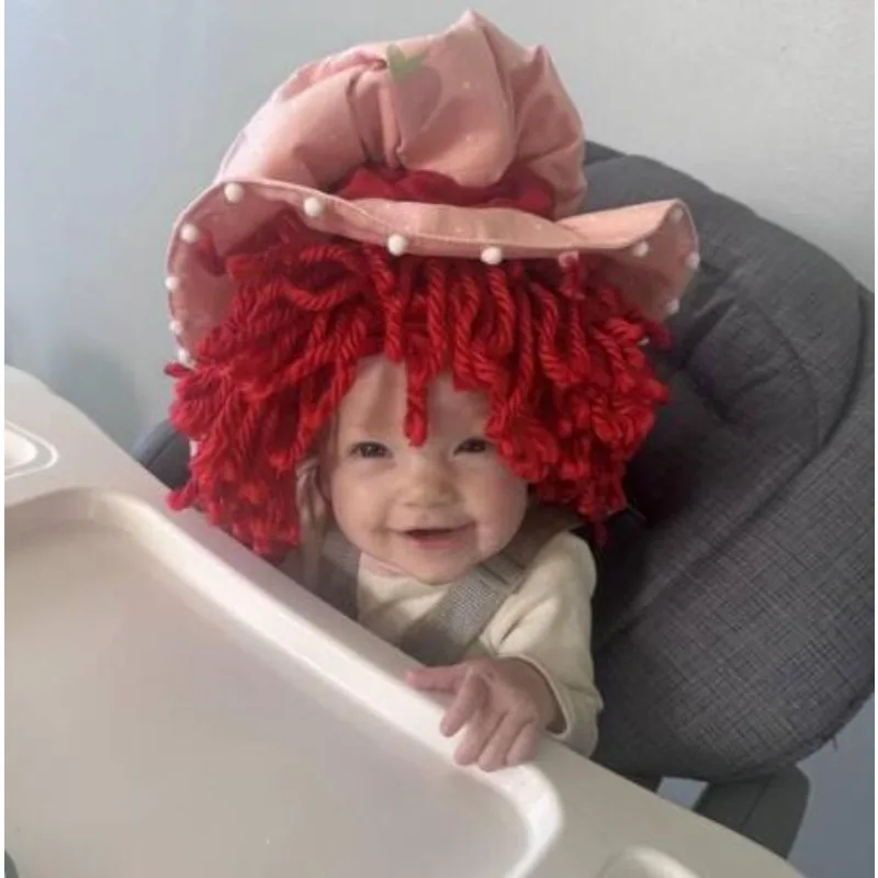 Red Crochet Bunny Clown Hat Kids Funny Handmade Wig, Easter Halloween Party Costume with Pigtails, Warm Yarn Beanie for Toddlers
