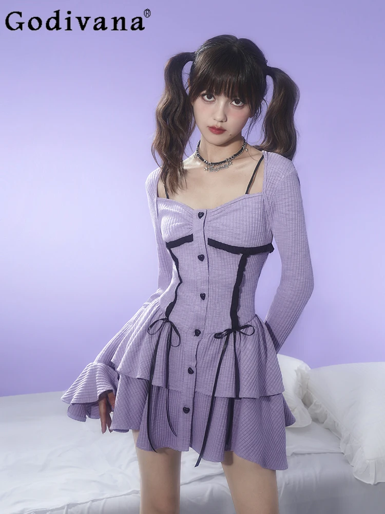 

Elegant Purple Stripe Sweet Ruffles Autumn Square Neck Bow Long Sleeve Dress Girl High Waist A-line Lace Up Princess Dresses