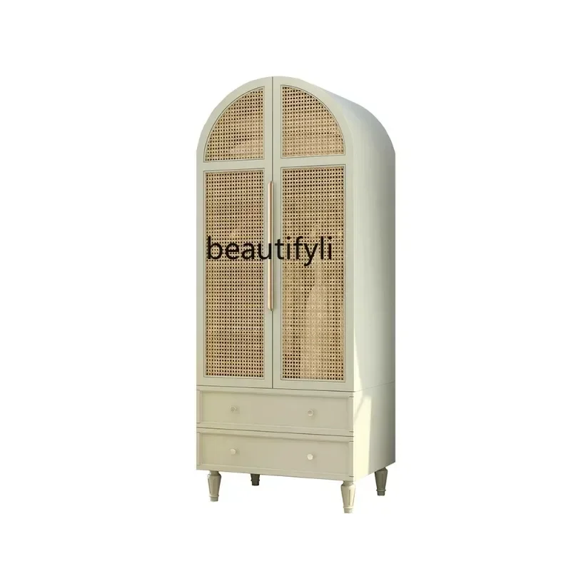 Self-Viewing Original Rattan Wardrobe Simple Solid Wood Bedroom Clothing Storage Cabinets Pastoral Style Double-Door Closet