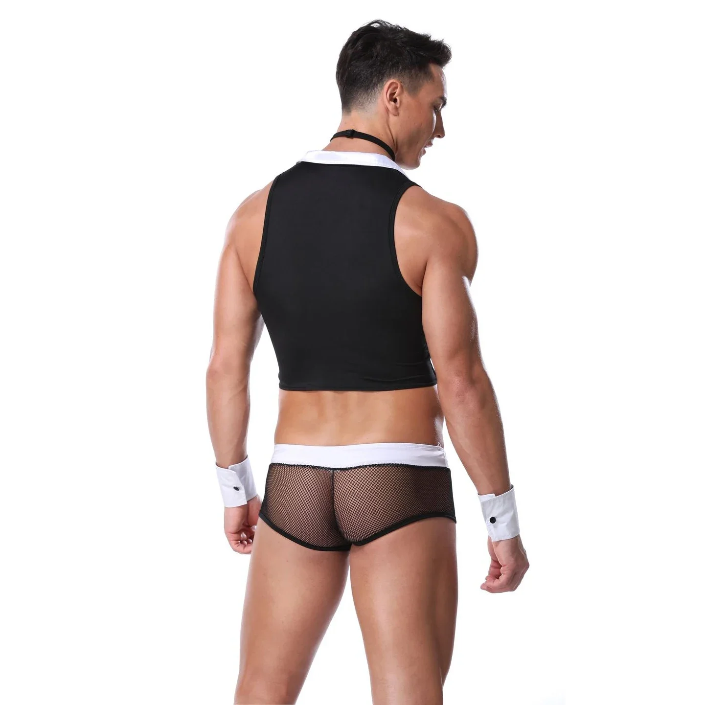 Traje de lencería de camarero de mayordomo para hombre, Tanga de esmoquin, ropa interior con cuello de pajarita y pulseras, disfraces sexys