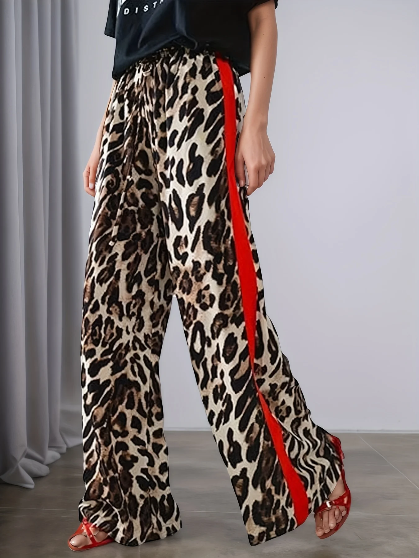 

Женские повседневные широкие брюки с леопардовым принтом и полосатым дизайном по бокам, прямой крой, уличный стиль для модных нарядов