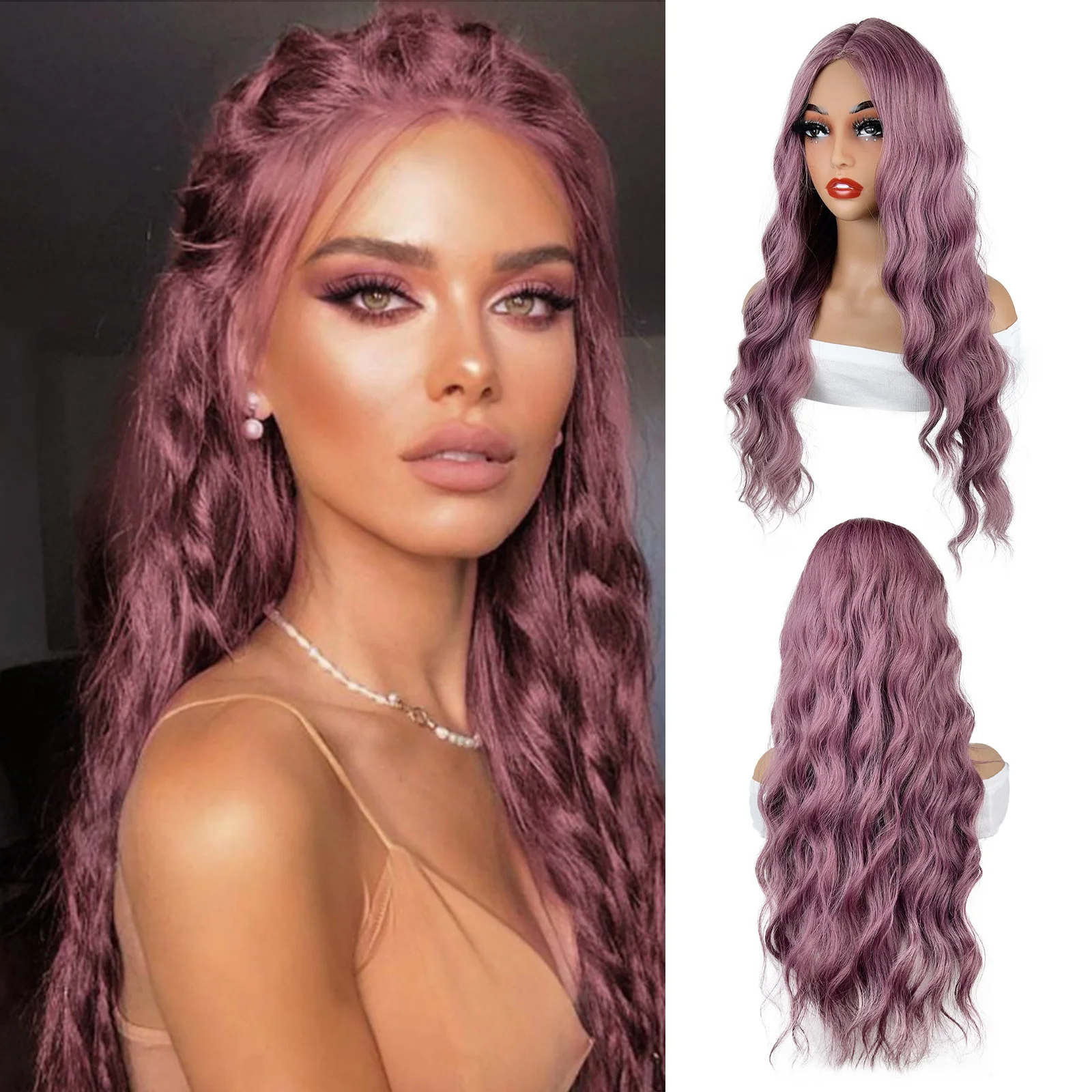 

Long Wavy Pink Lace Wig for Women 28 inch Curly Middle Part Hair Wig Natural Looking Upgraded Synthetic Protein Fiber