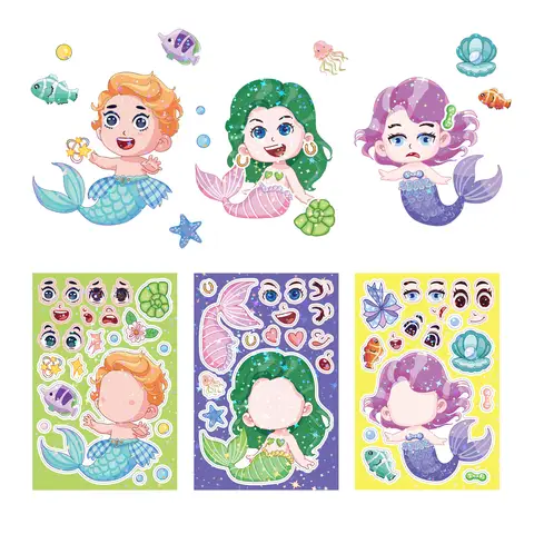 8Sheets Laser Mermaid Animals Puzzle Stickers Kids Make a Face Cute Unicorn Cat Horse Cartoon Assemble Jigsaw DIY Party Toy Gift