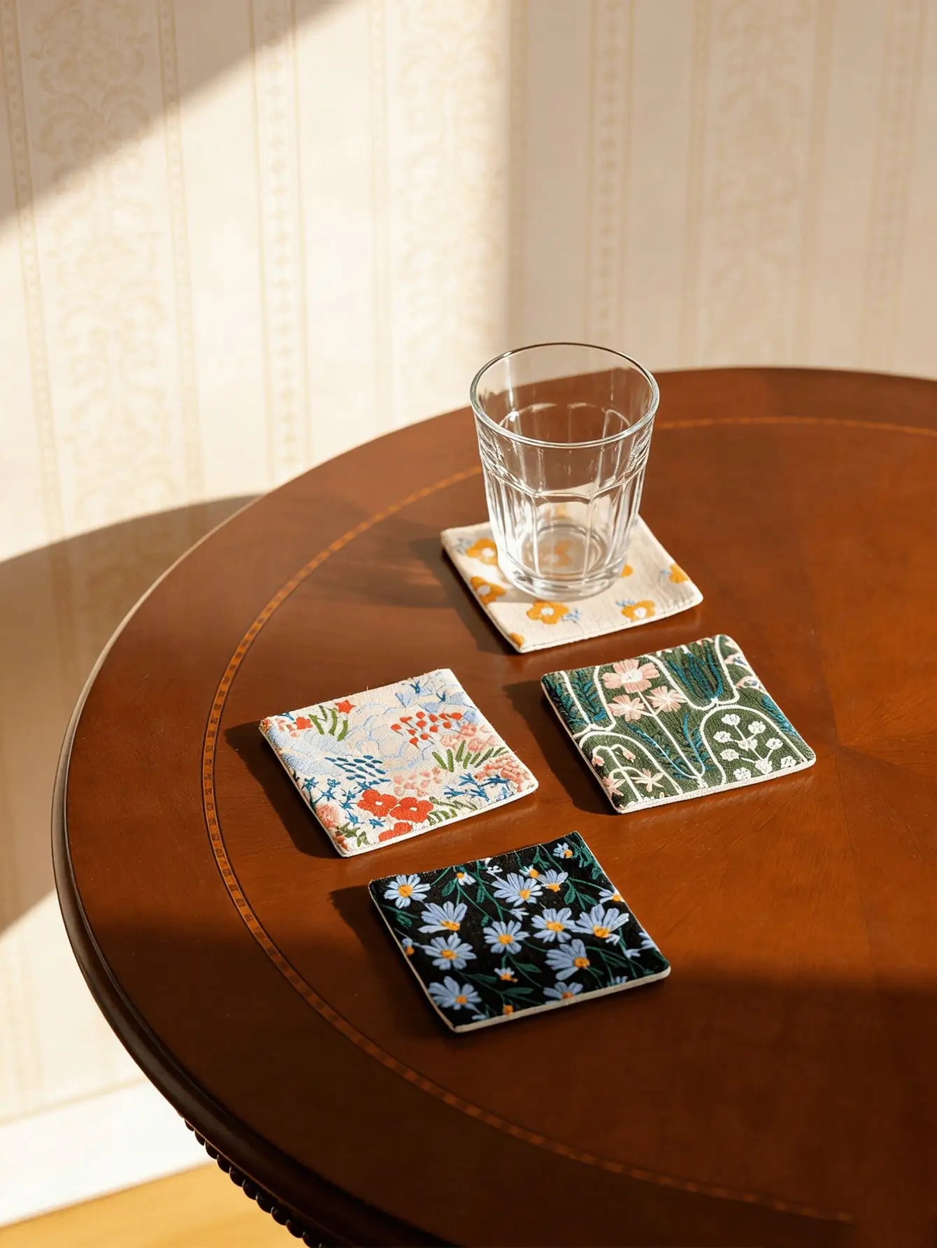 1Pc 4 Styles Japanese Style Coasters Embroidered Square Double-Sided Household Table Mat Cloth Water Absorbent Coffee Cup Tea Tray Decorative Mats Suitable For Restaurant Coffee Table Use