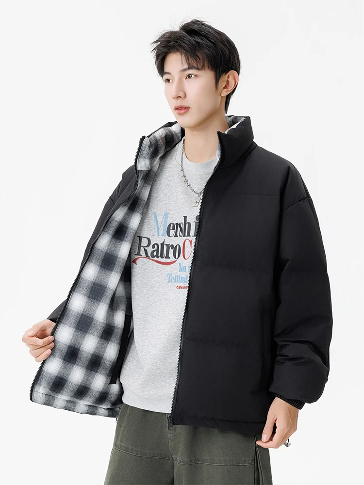 

Двусторонняя утепленная мужская пуховая куртка с воротником-стойкой, в клетку, повседневная, теплая, с наполнителем из полиэфирного волокна и пуха