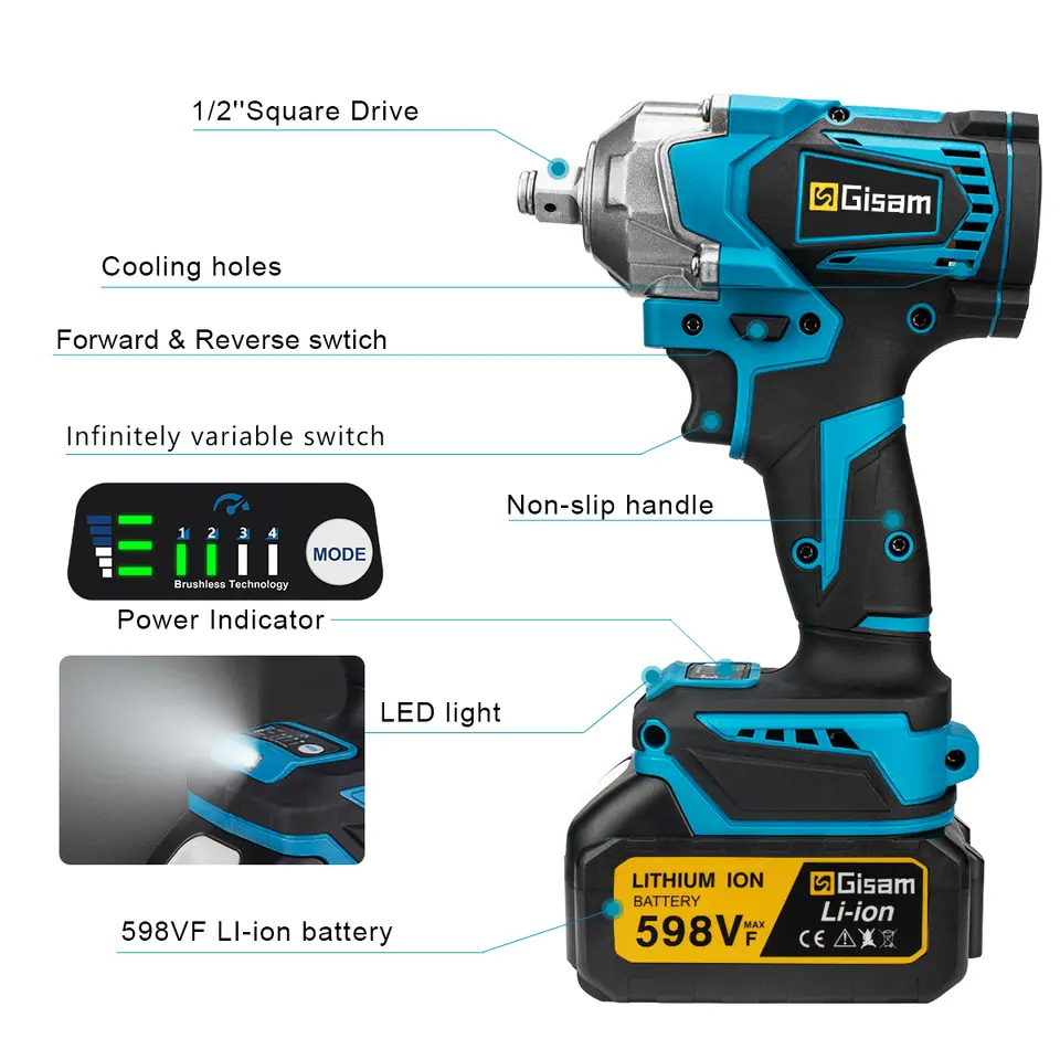 Gisam 1200N.M Torque Brushless Electric Impact Wrench 1/2 inch Cordless Wrench Screwdriver Power Tool For Makita 18V Battery Pin - 6