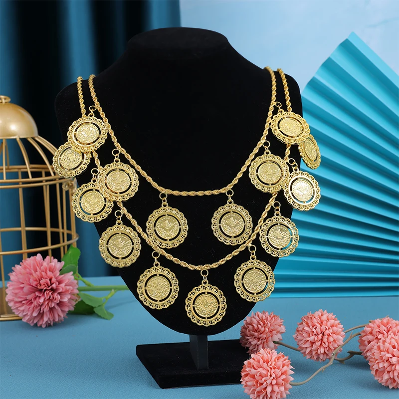 

Arabic Chic Double Rhinestone Neck Turkish Platonic Round Pendant Twist Chain Traditional Necklace Neutral Party Body Jewelry
