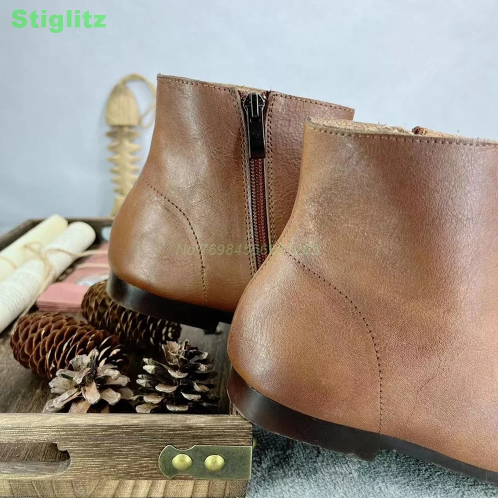 Cowhide Retro Ankle Boots Flat Square Toe Solid Green Brown Black Shoes For Women Daily Comfortable Autumn Winter Boots Niche