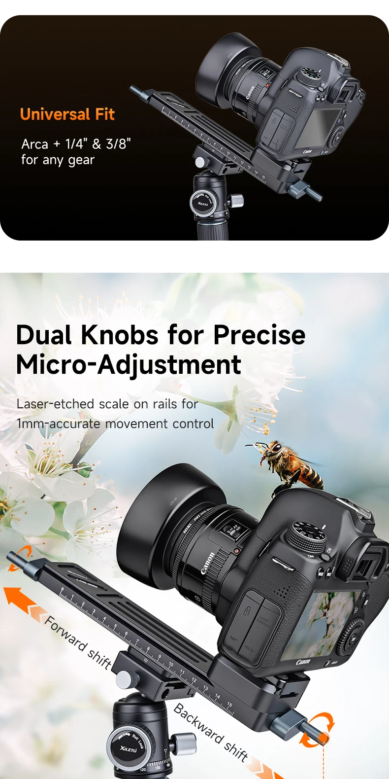 XILETU Makro Focus Rail Slider Schnellwechselplatte für DSLR, 5 kg, Desktop Outdoor Time-Lapse Close-up Makrofotografie – Detail 3
