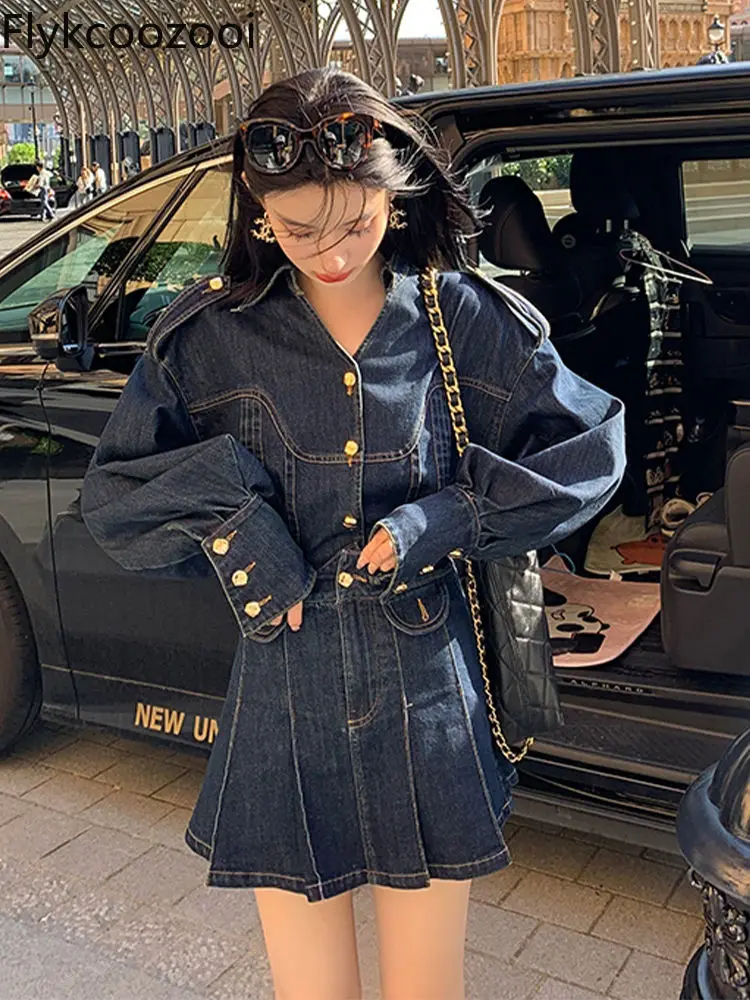 Trajes Elegantes Para Mujer  Autumn New French Sweet Cool Retro V-neck Denim Coat High Waist Pleated A-line Skirt Set