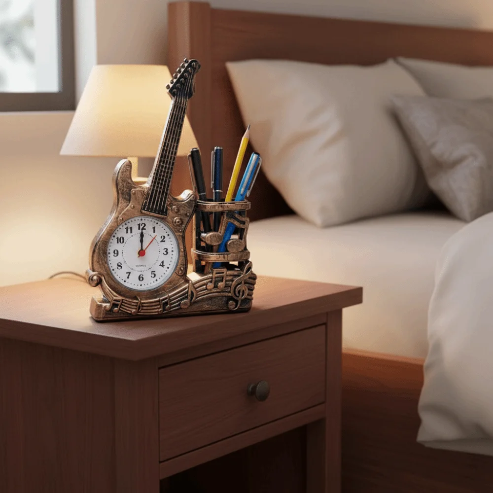 Battery Powered Guitar Alarm Clock Stylish Violin Creative Design Desktop Ornament Clock Chic Creative Pen Holder Clock