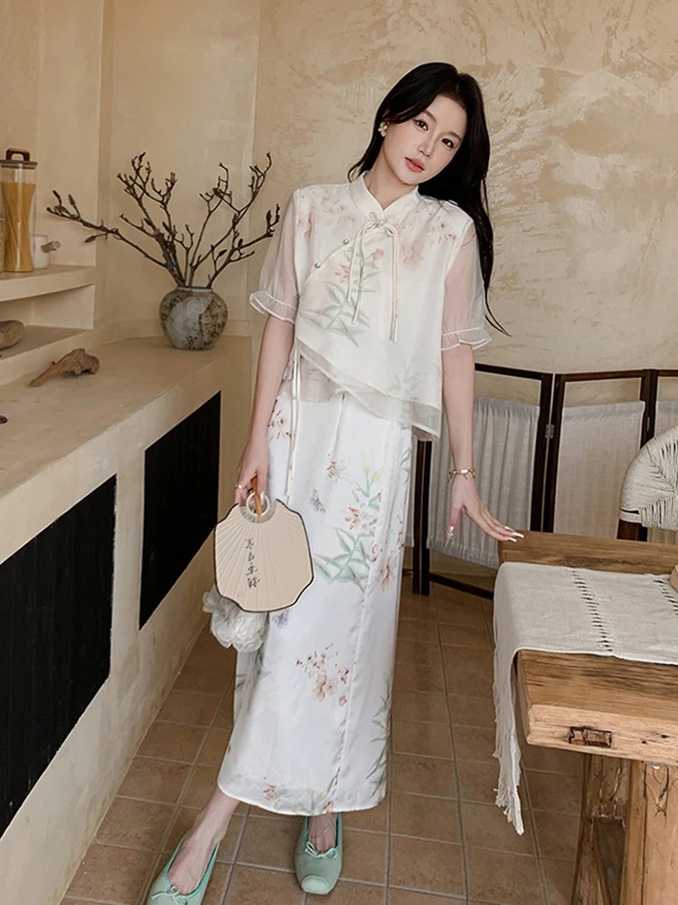 LANMREM Chinese Style Two-piece Set For Women Satand Collar Contrast Color Splited Sleeves Tops With Split Skirt 2024 New 2Z1794