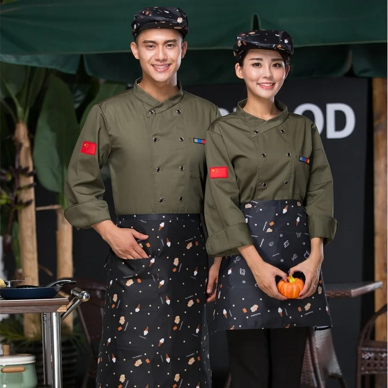 

C039 Chef Clothes Bakery Restaurant Kitchen Work Wear Long Sleeve Chef Uniform Food Serive Work Uniform Oblique Collar Overalls