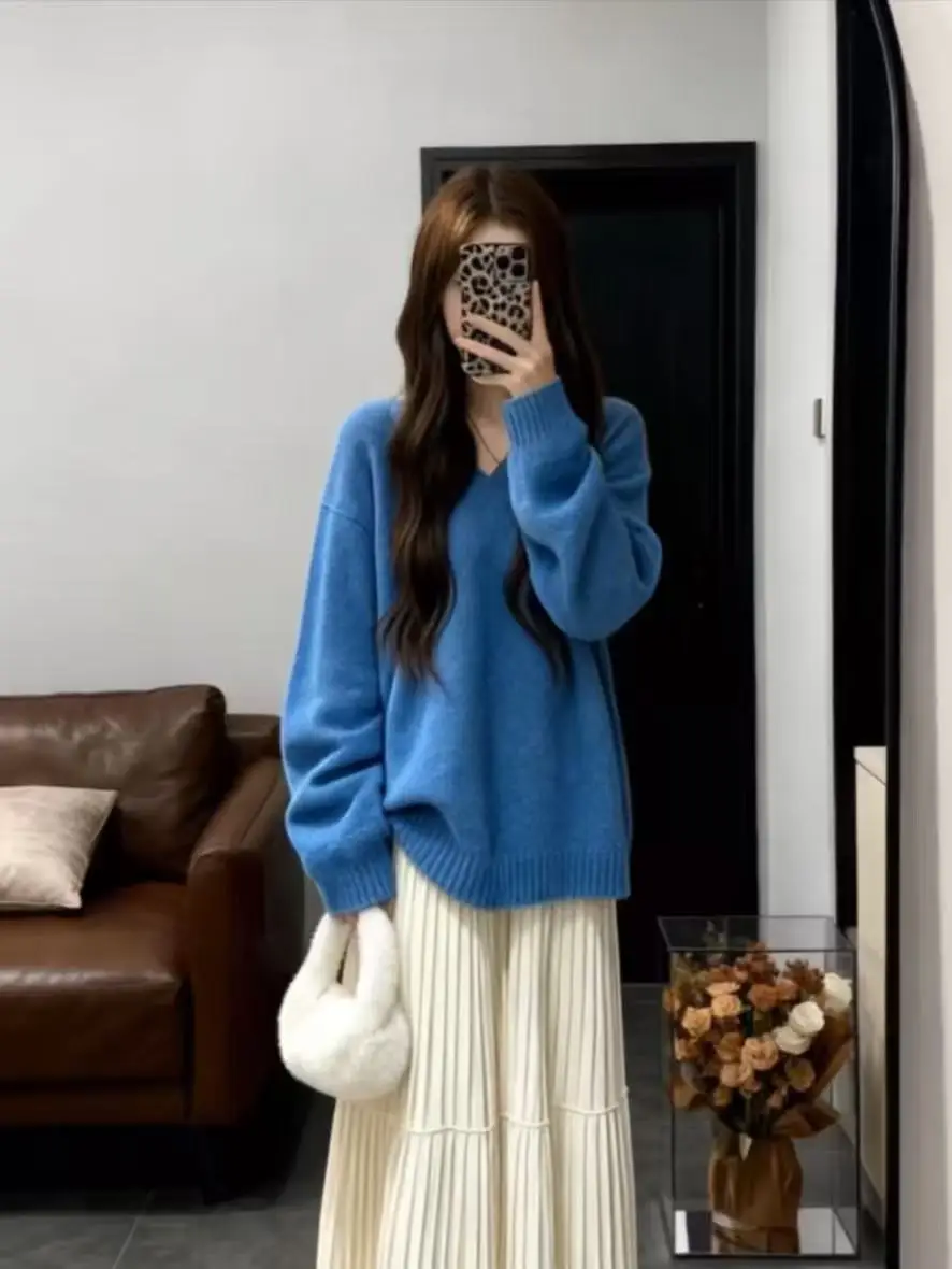 

Корейский свитер Sle V-Ne Long Sve, женский повседневный свободный топ с верхом, модный осенне-зимний дизайн, удобная мода