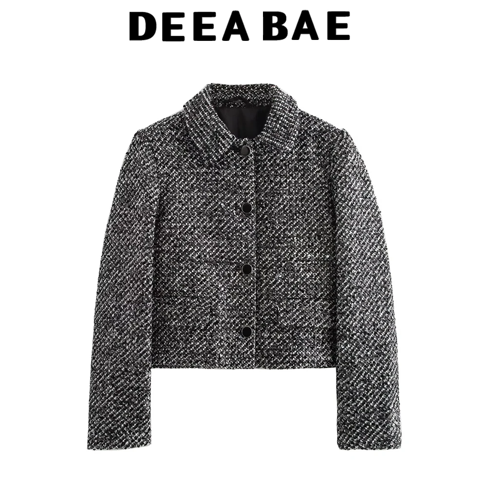 

DEEABAE New autumn and winter women's collar long sleeved pearl embellishment texture commuting temperament short suit jacket
