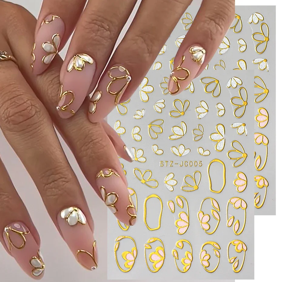 3D Bronzing Glitter Floral Nail Stickers Golden Petals White Daisy  Self-adhesive Decals Elegant Spring Design Manicure Sliders