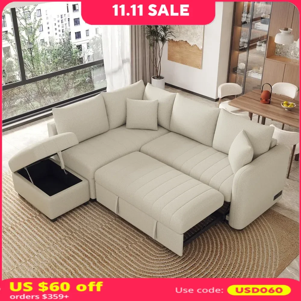 

82.6" Sectional Pull Out Sofa Bed with Storage Ottoman, Jacquard Fabric Upholstered with Sockets，Convertible Sleeper Sofa