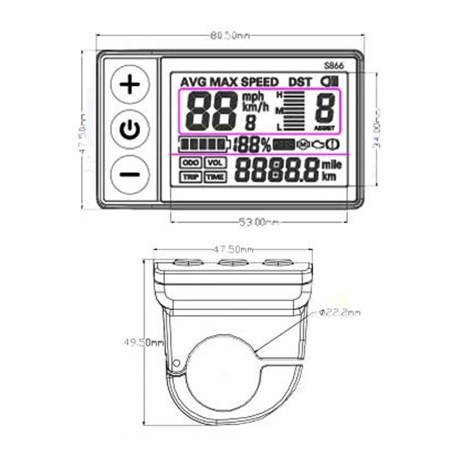 Waterproof Plug LCD Display Electric S866 LCD Display Meter 24V 36V 48V Control Panel with Waterproof Plug