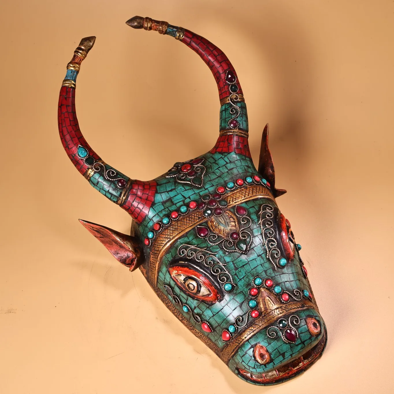 

13"Tibetan Temple Collection Old Bronze Outline in gold Mosaic Gem Turquoise Bull Cow Head Mask Wall hanging Worship Hall