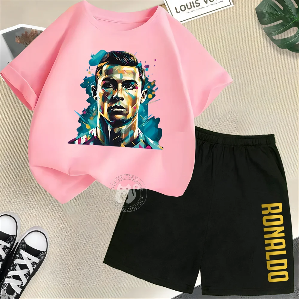 طقم صيفي للأطفال 100% قطن تي شيرتات قصيرة الاكمام + شورت لاعب كرة قدم كريستيانو رونالدو طباعة الأولاد والبنات الرياضات الخارجية se #2