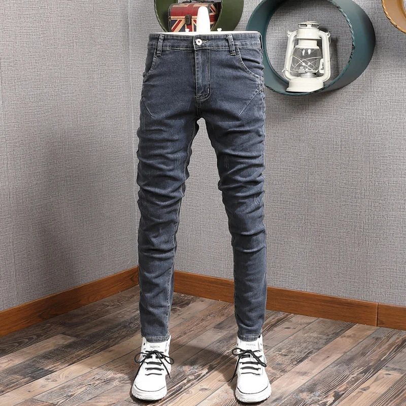 Fashion Designer Men Jeans Retro Blue Gray Stretch Skinny Fit Ripped Jeans Men Street Vintage Casual Denim Pencil Pants Hombre