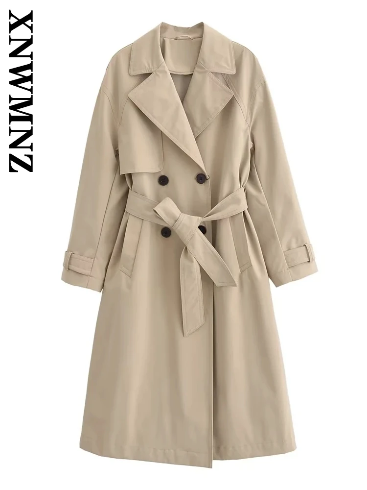 XNWMNZ Woman 2024 New Autumn/Winter Vintage Notched Collar Double-breasted Long Sleeve Trench Female Casual Solid Color Top Coat