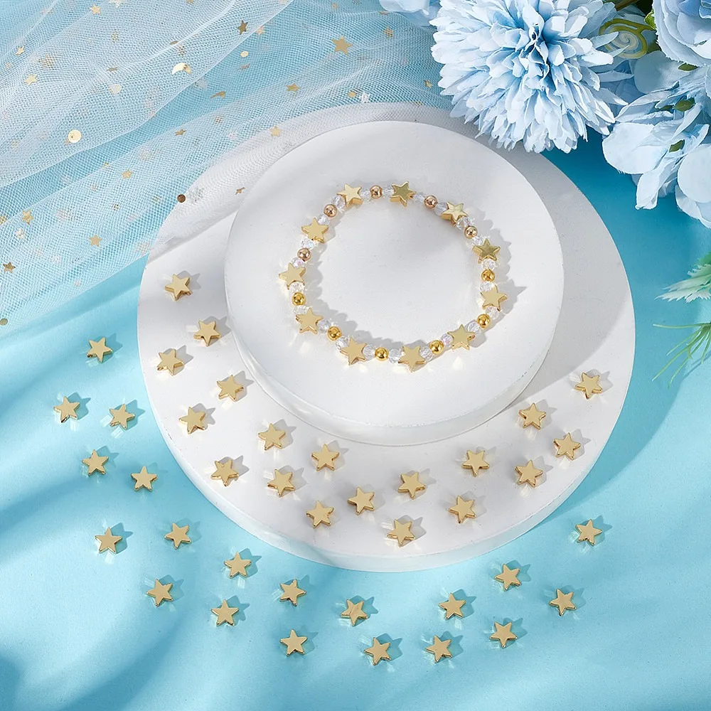 60Pcs Rack Plating Star Brass Beads Long-Lasting Plated Cadmium Free Lead Free Real 18K Gold Plated 8x8x2.5mm Hole: 1mm