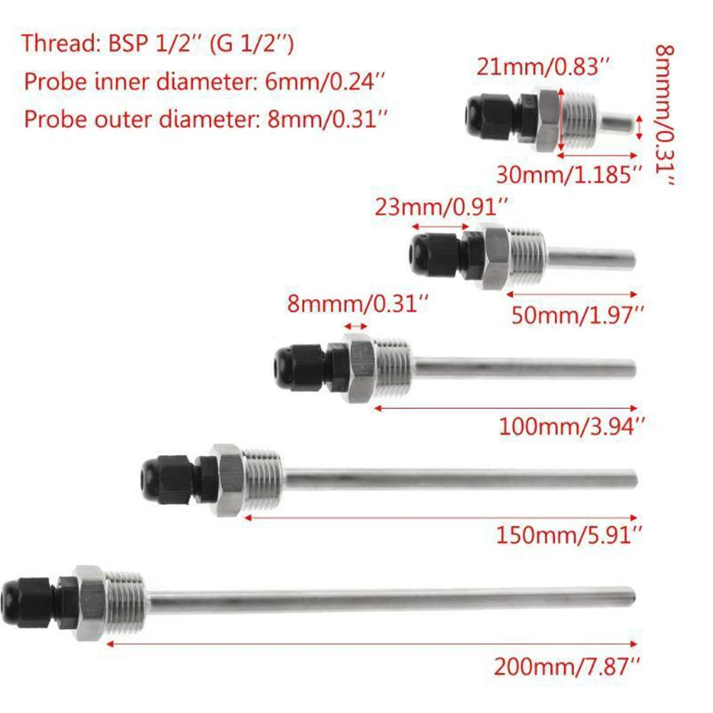 30-200 มม.Thermowell 304 สแตนเลส 1/2 G OD6mm Immersion Sleeve Pocket สําหรับเซ็นเซอร์อุณหภูมิ