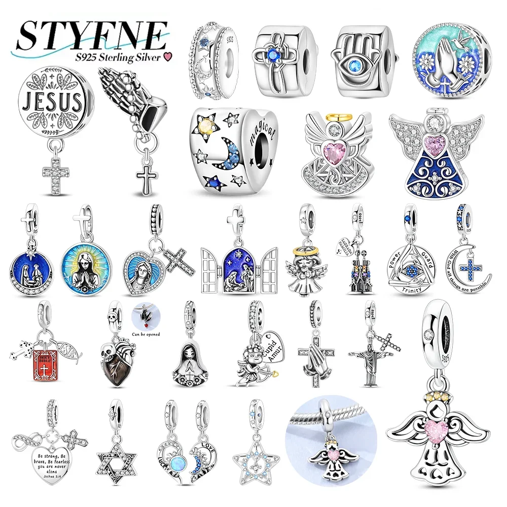 925 Silver Religious Theme Charms Cross Virgin Mary Angel Star of David Beads Fit Bracelets Bag Keychain Pendant Jewelry Making
