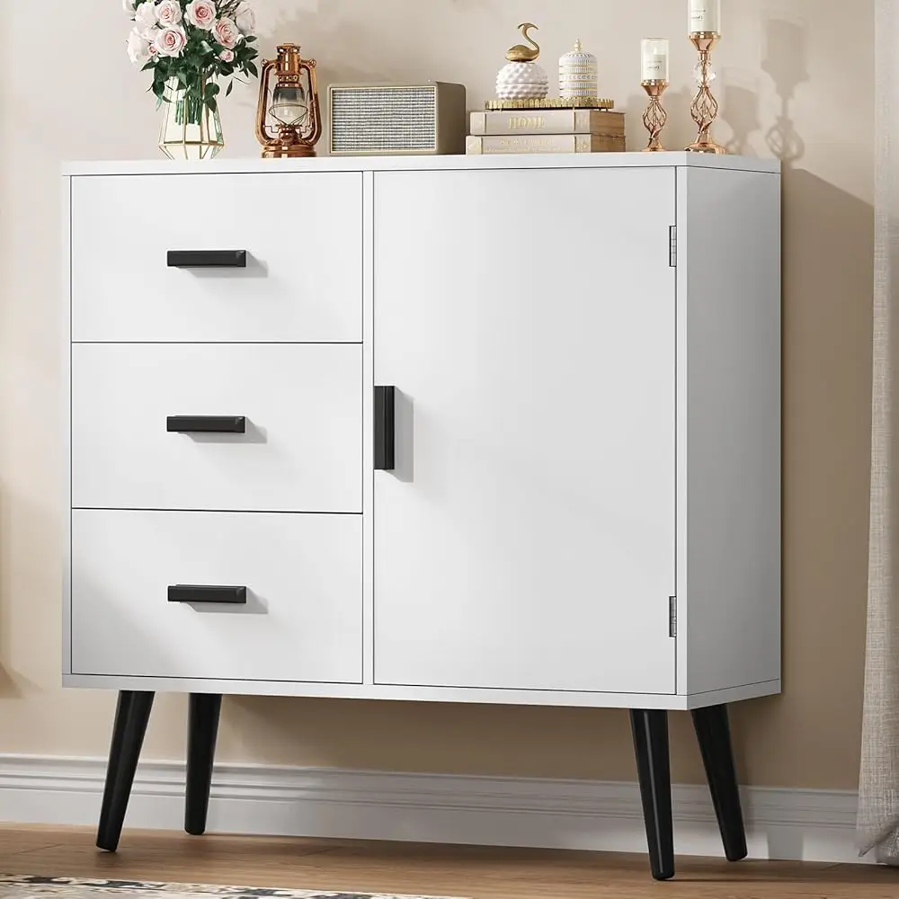 

White Storage Cabinet With Adjustable Shelf & 3 Drawers, Small Bathroom Cabinet With Door, Freestanding Floor Storage Unit For